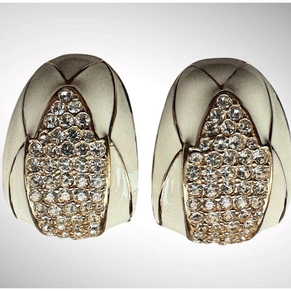 Vintage Ciner Ivory Enamel Pave Rhinestone Clip On Earrings Signed Gold Tone